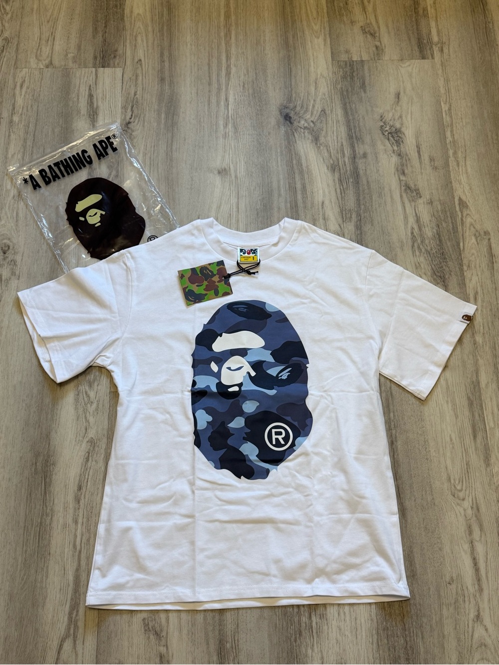 Bape White Short Sleeve Tee with Blue Camo Ape Head